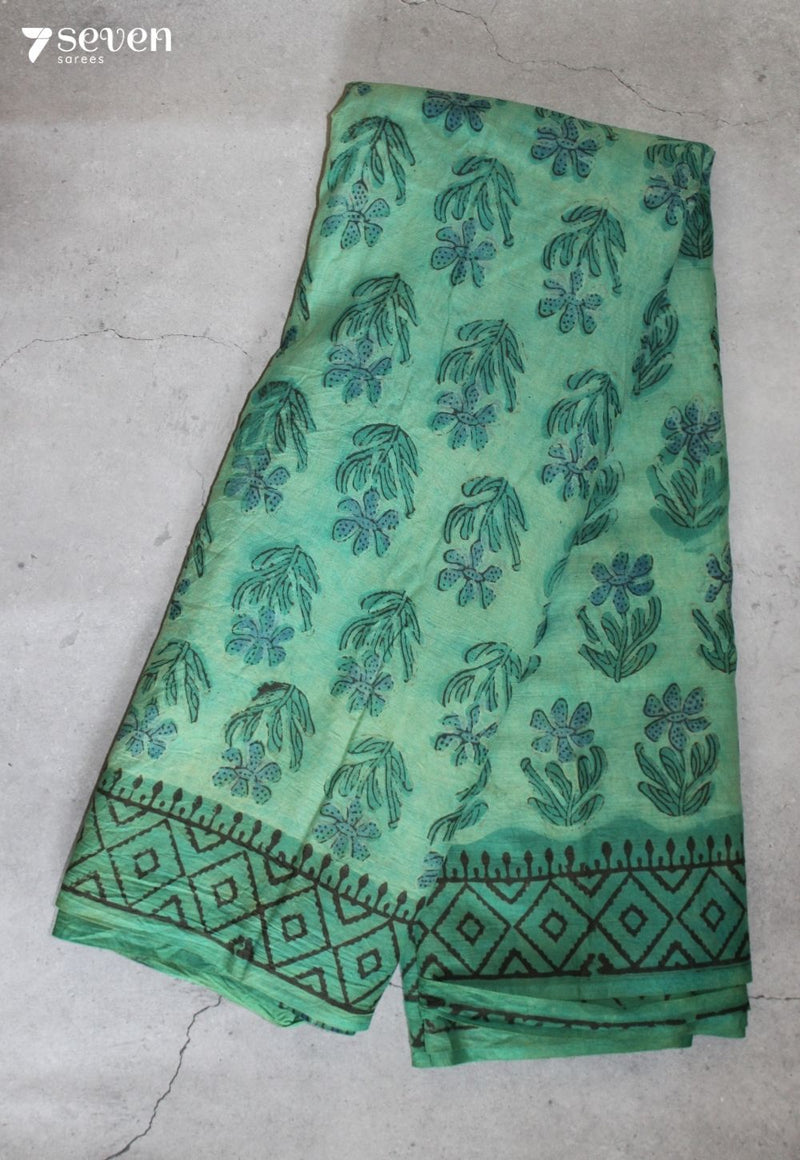 Velanira Jaipur Green Hand Block Printed Vegetable Dyed 100% Cotton Saree - Seven Sarees - Saree - Seven Sarees