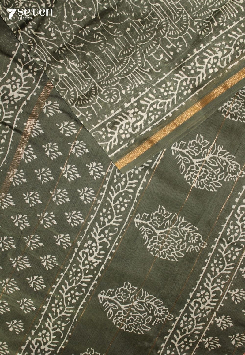 Velmira Jaipur Green Hand Block Printed Silk Cotton Saree - Seven Sarees - Saree - Seven Sarees