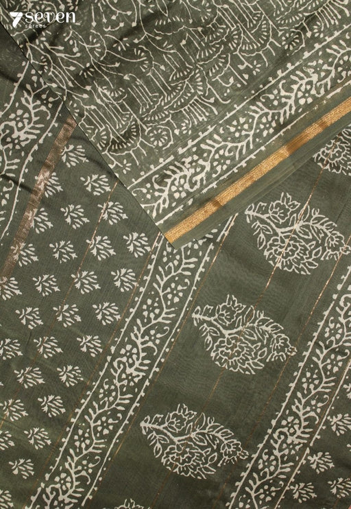 Velmira Jaipur Green Hand Block Printed Silk Cotton Saree - Seven Sarees - Saree - Seven Sarees