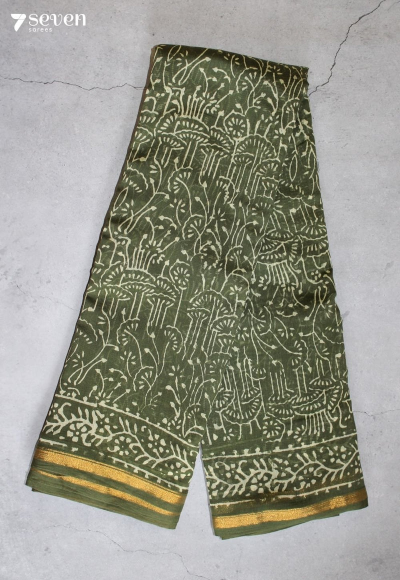 Velmira Jaipur Green Hand Block Printed Silk Cotton Saree - Seven Sarees - Saree - Seven Sarees