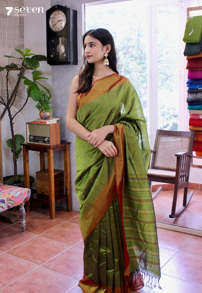 Velvet Meadows Signature Seven Handloom Green Bangalore Vegan Silk Saree - Seven Sarees - Saree - Seven Sarees