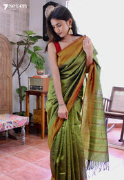 Velvet Meadows Signature Seven Handloom Green Bangalore Vegan Silk Saree - Seven Sarees - Saree - Seven Sarees