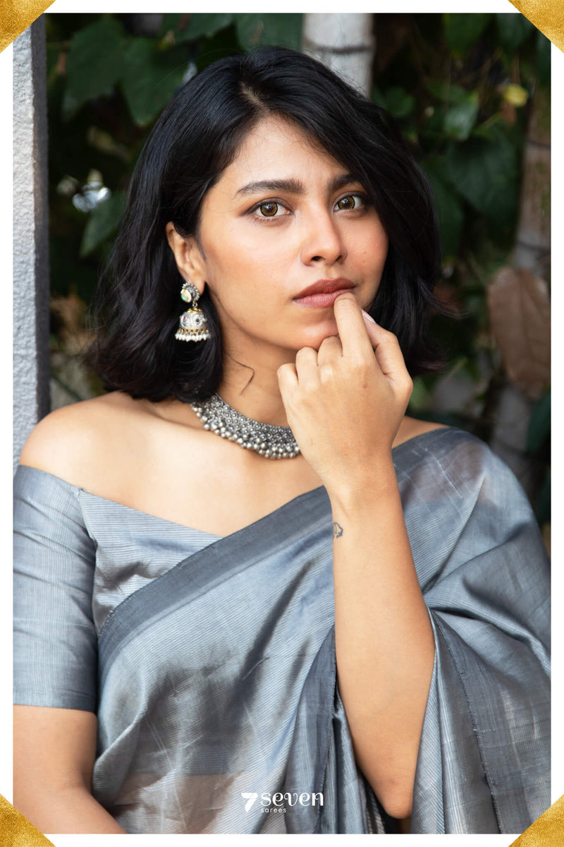 Vendi Mangalagiri Handloom Black Silver Vegan Silk Saree - Seven Sarees - Saree - Seven Sarees