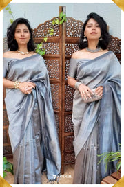 Vendi Mangalagiri Handloom Black Silver Vegan Silk Saree - Seven Sarees - Saree - Seven Sarees