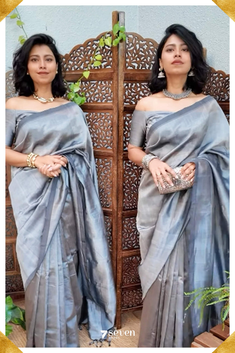 Vendi Mangalagiri Handloom Black Silver Vegan Silk Saree - Seven Sarees - Saree - Seven Sarees