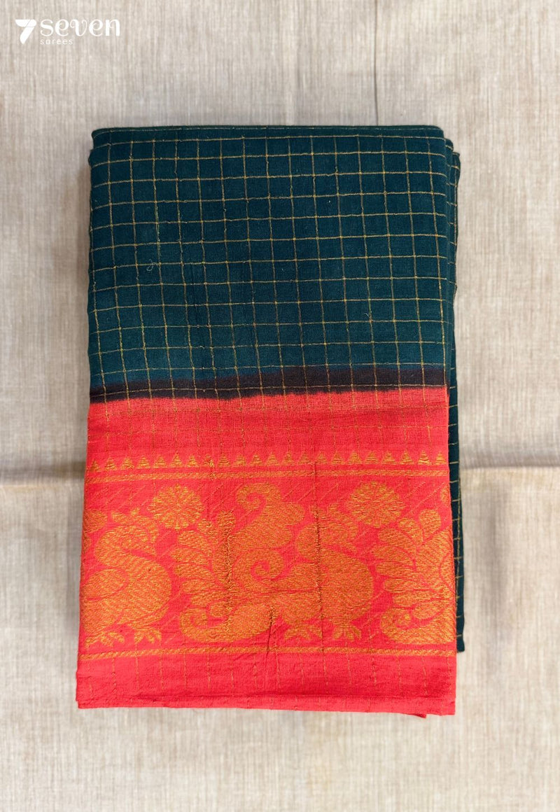 Vengai Poo Madurai Green Handmade Pure Cotton Sungudi Saree - Seven Sarees - Saree - Seven Sarees