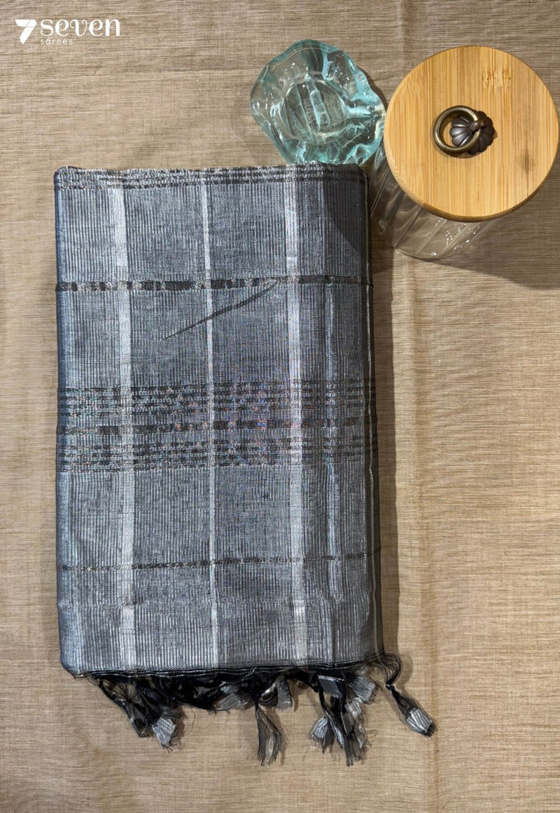 Vibhuti Mangalagiri Handloom Grey Vegan Silk Saree with checks - Seven Sarees - Saree - Seven Sarees