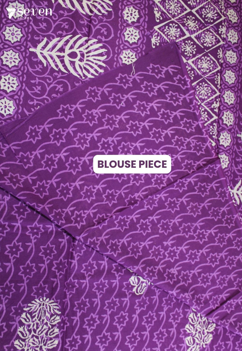 Vihaya Jaipur Purple Hand Block Printed 100% Cotton Saree - Seven Sarees - Saree - Seven Sarees