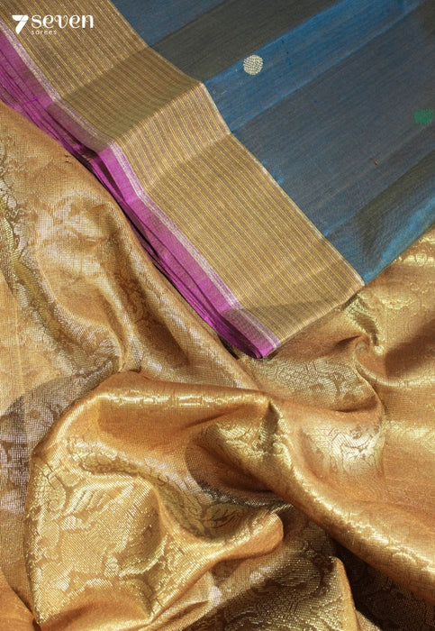 Vijayaraga Signature Seven Handloom Peacock Blue Bangalore Pure Silk Cotton Saree - Seven Sarees - Saree - Seven Sarees