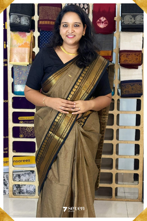 Vinodhini Madurai Taupe/Black Pure Cotton Saree - Seven Sarees - Saree - Seven Sarees