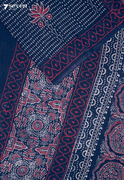 Viranthi Jaipur Blue Hand Block Printed 100% Cotton Saree - Seven Sarees - Saree - Seven Sarees