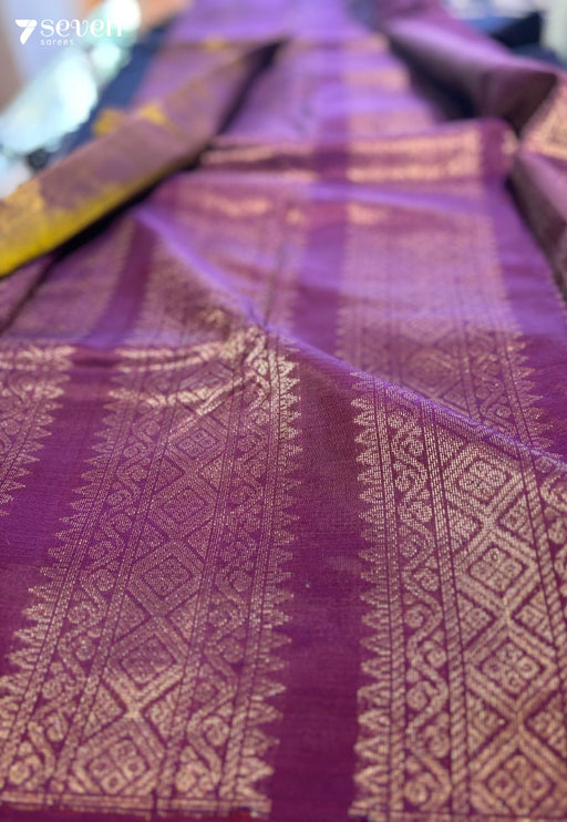 Waterfall of Gold Seven Signature Seven Handloom Purple Bangalore Vegan Silk Saree - Seven Sarees - Saree - Seven Sarees