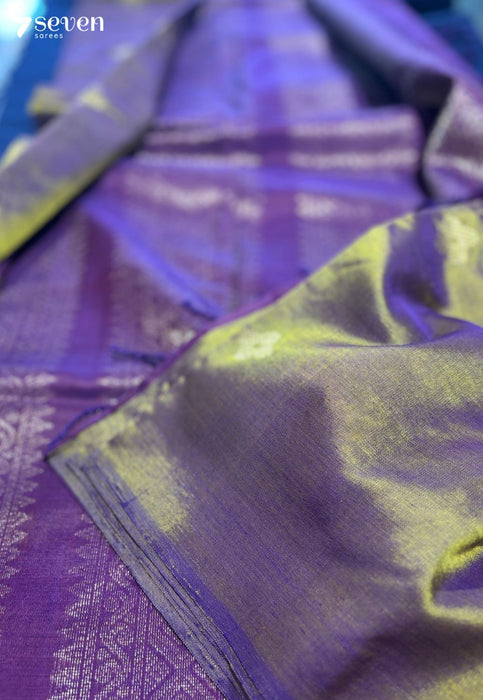 Waterfall of Gold Seven Signature Seven Handloom Purple Bangalore Vegan Silk Saree - Seven Sarees - Saree - Seven Sarees
