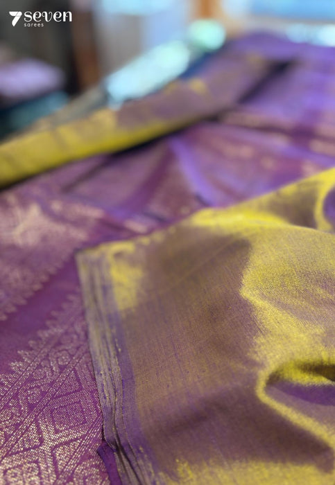 Waterfall of Gold Seven Signature Seven Handloom Purple Bangalore Vegan Silk Saree - Seven Sarees - Saree - Seven Sarees