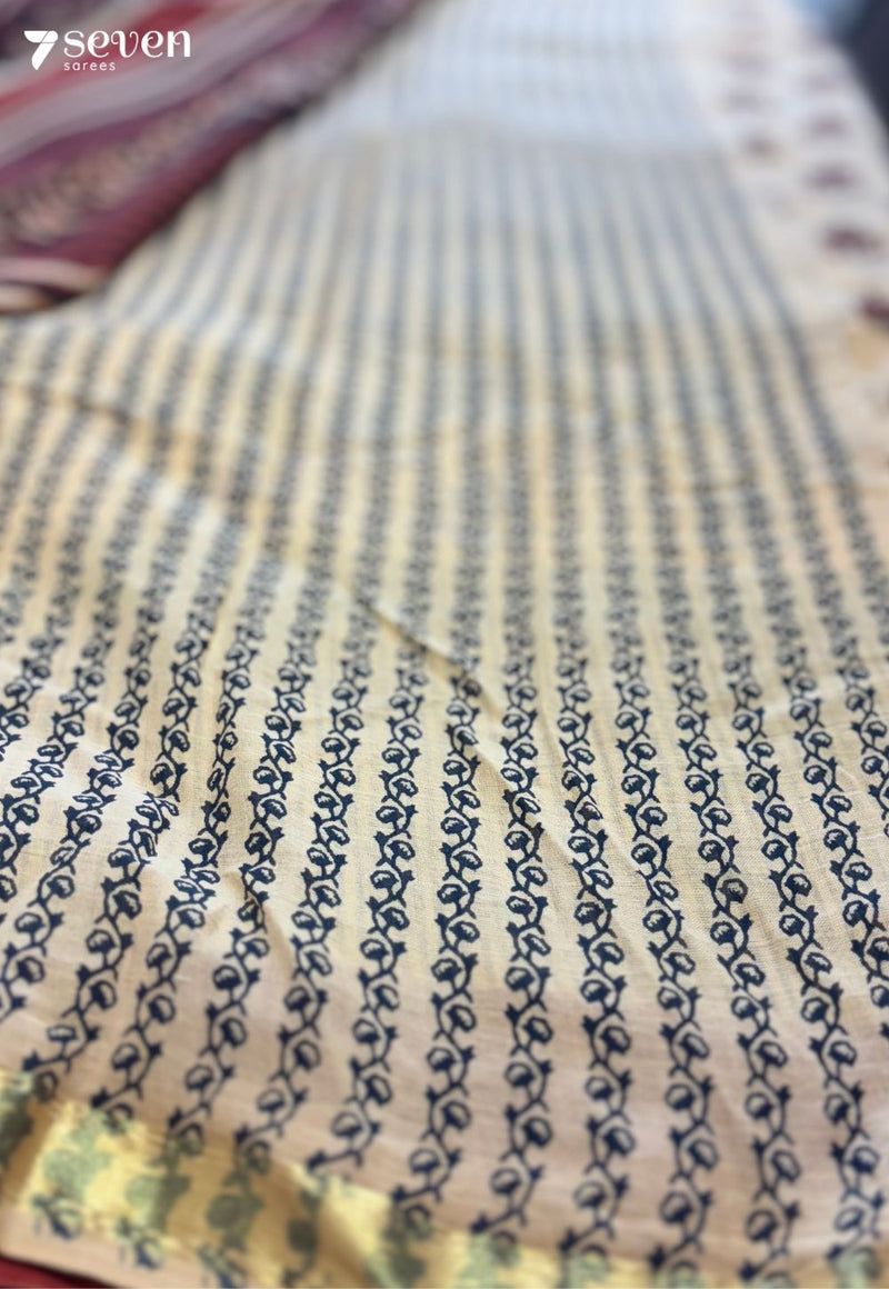Wicker Whimsy Jaipur Cream Handblock 100% Cotton Saree - Seven Sarees - Saree - Seven Sarees