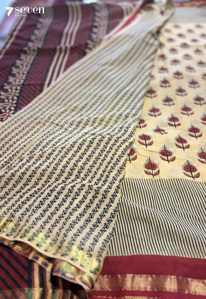 Wicker Whimsy Jaipur Cream Handblock 100% Cotton Saree - Seven Sarees - Saree - Seven Sarees