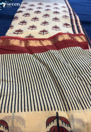 Wicker Whimsy Jaipur Cream Handblock 100% Cotton Saree - Seven Sarees - Saree - Seven Sarees
