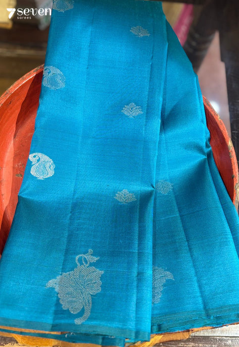 Wild Flower Signature Seven Handloom Blue/Mustard Bangalore Pure Silk Saree|Silk Mark Certified - Seven Sarees - Saree - Seven Sarees