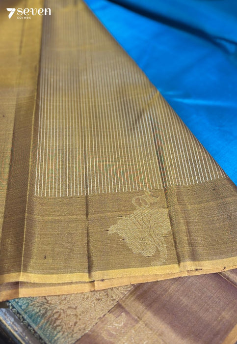Wild Flower Signature Seven Handloom Blue/Mustard Bangalore Pure Silk Saree|Silk Mark Certified - Seven Sarees - Saree - Seven Sarees
