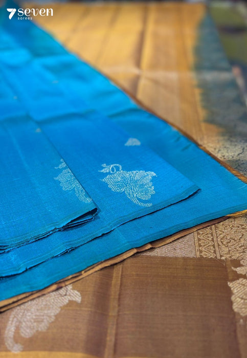 Wild Flower Signature Seven Handloom Blue/Mustard Bangalore Pure Silk Saree|Silk Mark Certified - Seven Sarees - Saree - Seven Sarees