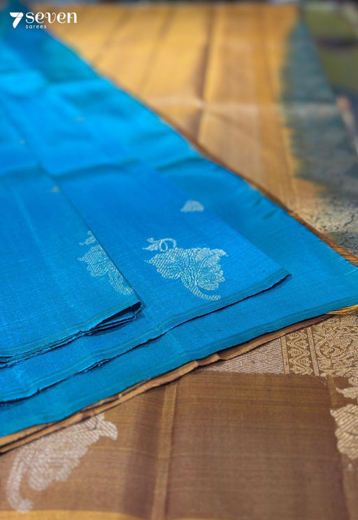 Wild Flower Signature Seven Handloom Blue/Mustard Bangalore Pure Silk Saree|Silk Mark Certified - Seven Sarees - Saree - Seven Sarees