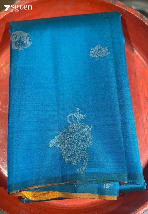 Wild Flower Signature Seven Handloom Blue/Mustard Bangalore Pure Silk Saree|Silk Mark Certified - Seven Sarees - Saree - Seven Sarees