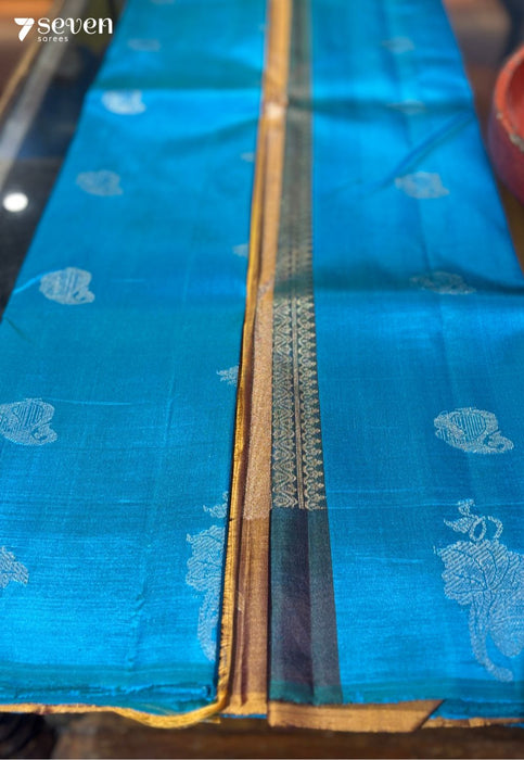 Wild Flower Signature Seven Handloom Blue/Mustard Bangalore Pure Silk Saree|Silk Mark Certified - Seven Sarees - Saree - Seven Sarees