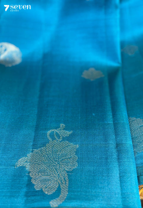 Wild Flower Signature Seven Handloom Blue/Mustard Bangalore Pure Silk Saree|Silk Mark Certified - Seven Sarees - Saree - Seven Sarees