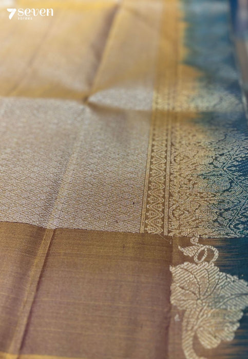 Wild Flower Signature Seven Handloom Blue/Mustard Bangalore Pure Silk Saree|Silk Mark Certified - Seven Sarees - Saree - Seven Sarees