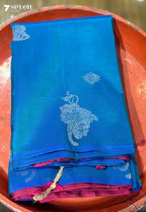 Wild Flower Signature Seven Handloom Blue/Pink Bangalore Pure Silk Saree|Silk Mark Certified - Seven Sarees - Saree - Seven Sarees
