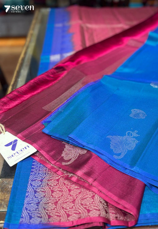 Wild Flower Signature Seven Handloom Blue/Pink Bangalore Pure Silk Saree|Silk Mark Certified - Seven Sarees - Saree - Seven Sarees
