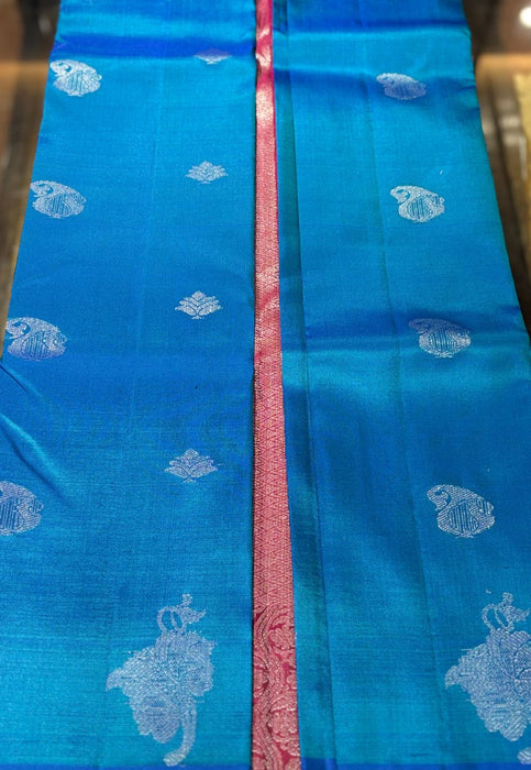 Wild Flower Signature Seven Handloom Blue/Pink Bangalore Pure Silk Saree|Silk Mark Certified - Seven Sarees - Saree - Seven Sarees