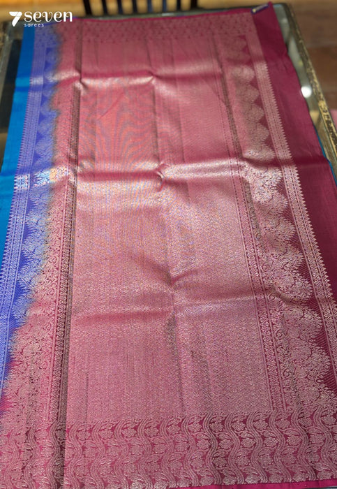 Wild Flower Signature Seven Handloom Blue/Pink Bangalore Pure Silk Saree|Silk Mark Certified - Seven Sarees - Saree - Seven Sarees