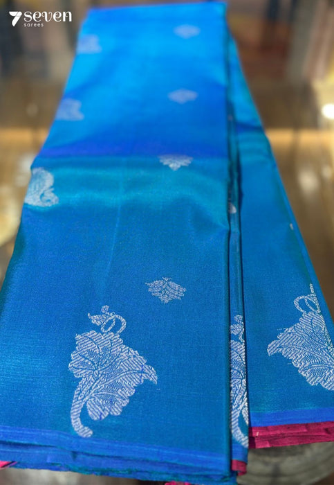Wild Flower Signature Seven Handloom Blue/Pink Bangalore Pure Silk Saree|Silk Mark Certified - Seven Sarees - Saree - Seven Sarees