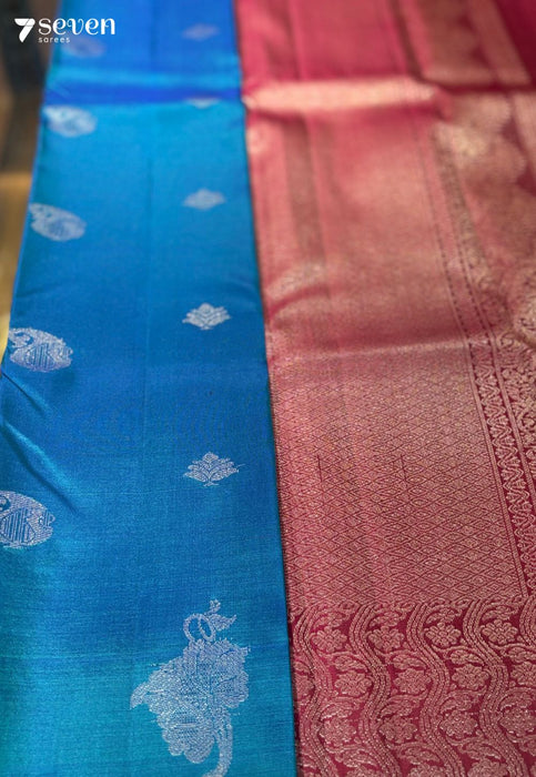Wild Flower Signature Seven Handloom Blue/Pink Bangalore Pure Silk Saree|Silk Mark Certified - Seven Sarees - Saree - Seven Sarees