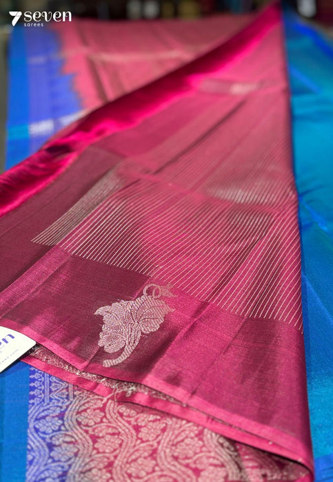 Wild Flower Signature Seven Handloom Blue/Pink Bangalore Pure Silk Saree|Silk Mark Certified - Seven Sarees - Saree - Seven Sarees