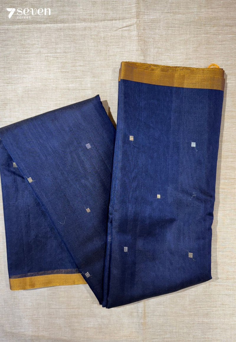 Wricha Signature Seven Handloom Navy Blue Bangalore Silk Cotton Saree - Seven Sarees - Saree - Seven Sarees