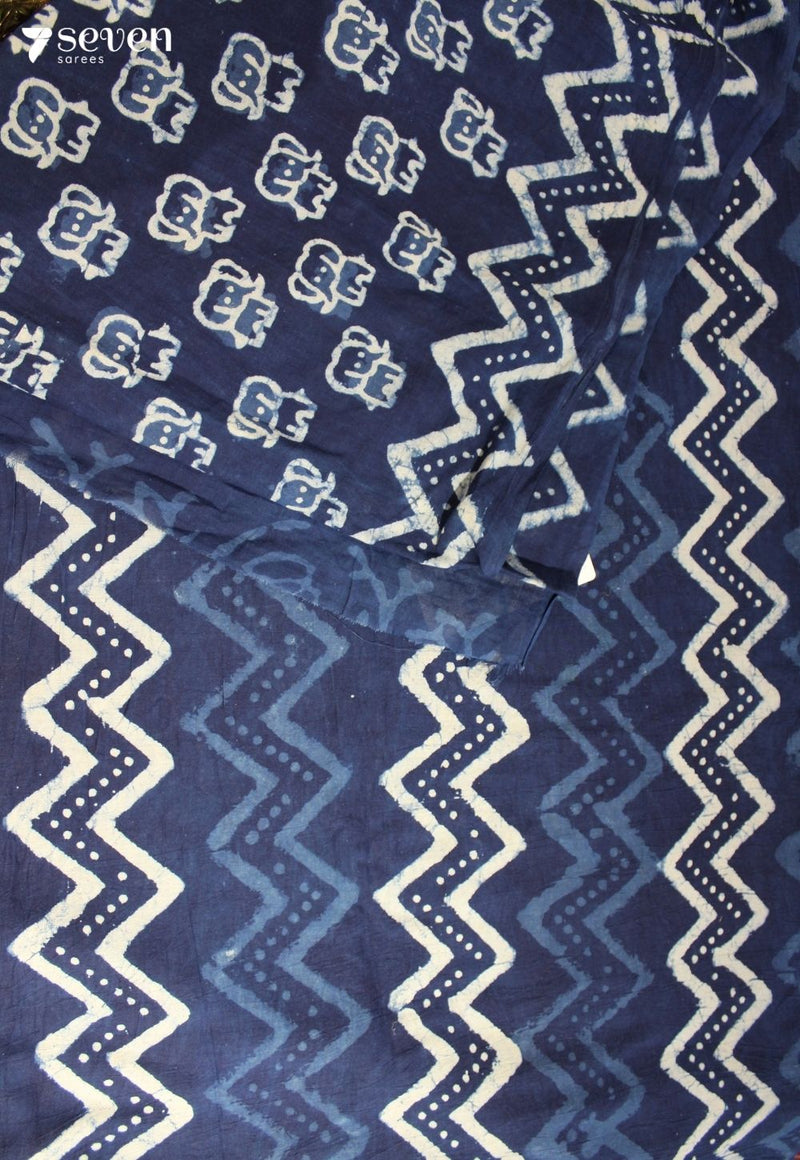 Yamrini Jaipur Indigo Hand Block Printed 100% Cotton Saree - Seven Sarees - Saree - Seven Sarees