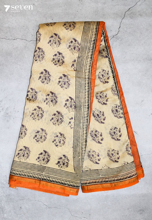 Yavini Jaipur Off White Hand Block Printed Silk Cotton Saree - Seven Sarees - Saree - Seven Sarees