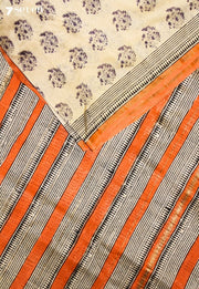 Yavini Jaipur Off White Hand Block Printed Silk Cotton Saree - Seven Sarees - Saree - Seven Sarees
