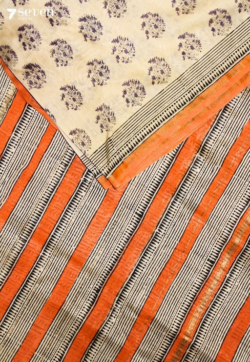 Yavini Jaipur Off White Hand Block Printed Silk Cotton Saree - Seven Sarees - Saree - Seven Sarees
