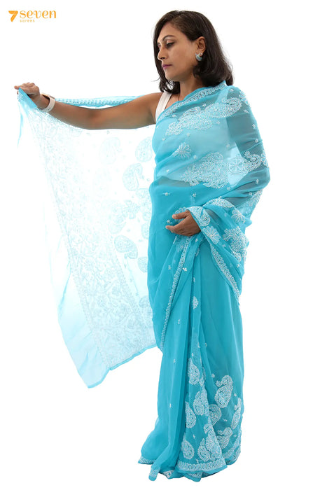Beautiful sky Lucknow Blue Original Handmade Chikankari Georgette Saree - Seven Sarees - Saree - Seven Sarees