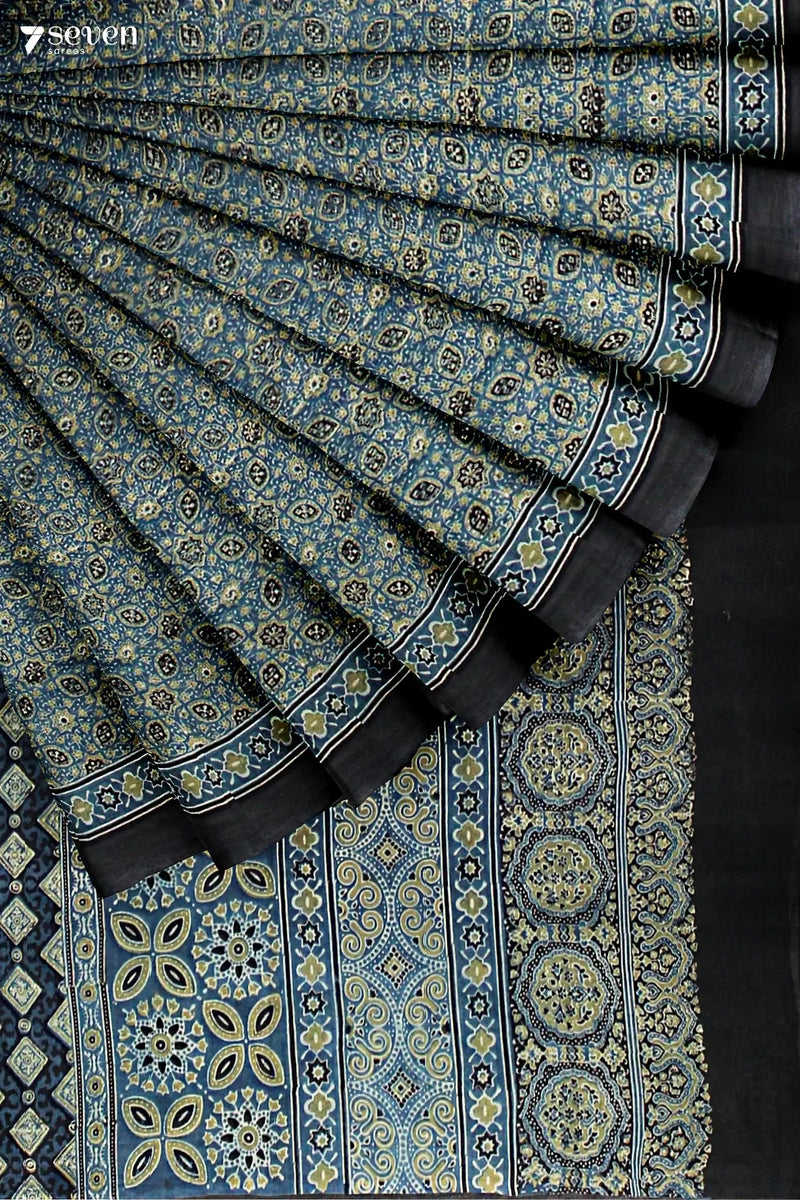 Aabshaar Kutch Blue Pure Ajrakh Cotton Saree - Seven Sarees - Saree - Seven Sarees