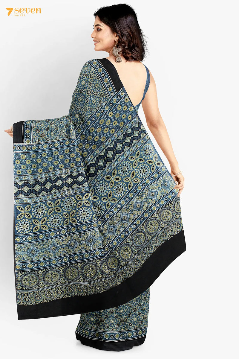 Aabshaar Kutch Blue Pure Ajrakh Cotton Saree - Seven Sarees - Saree - Seven Sarees