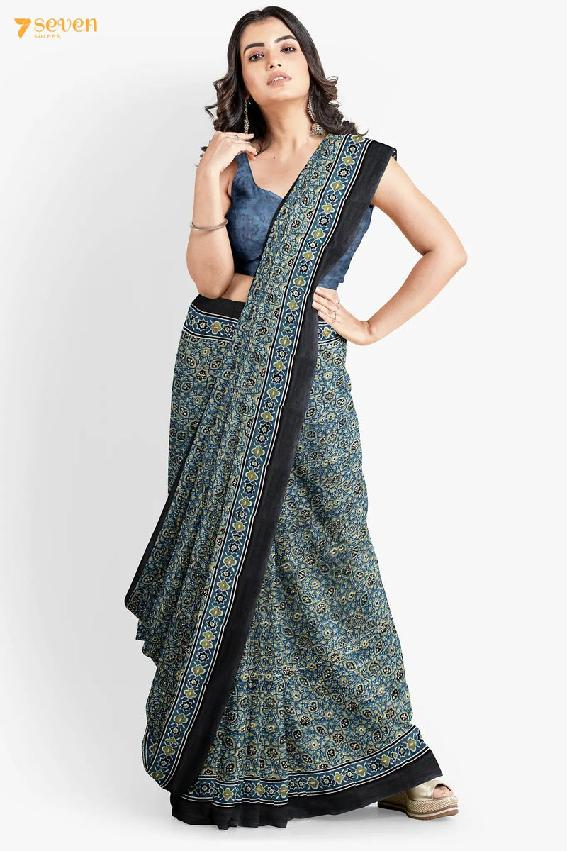 Aabshaar Kutch Blue Pure Ajrakh Cotton Saree - Seven Sarees - Saree - Seven Sarees