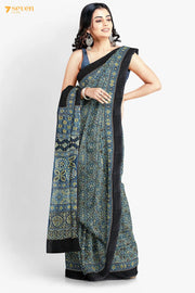 Aabshaar Kutch Blue Pure Ajrakh Cotton Saree - Seven Sarees - Saree - Seven Sarees