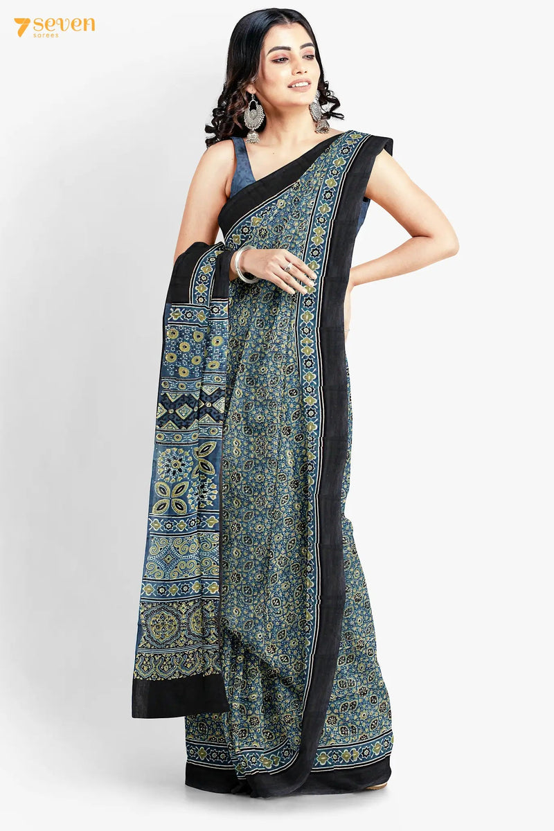 Aabshaar Kutch Blue Pure Ajrakh Cotton Saree - Seven Sarees - Saree - Seven Sarees