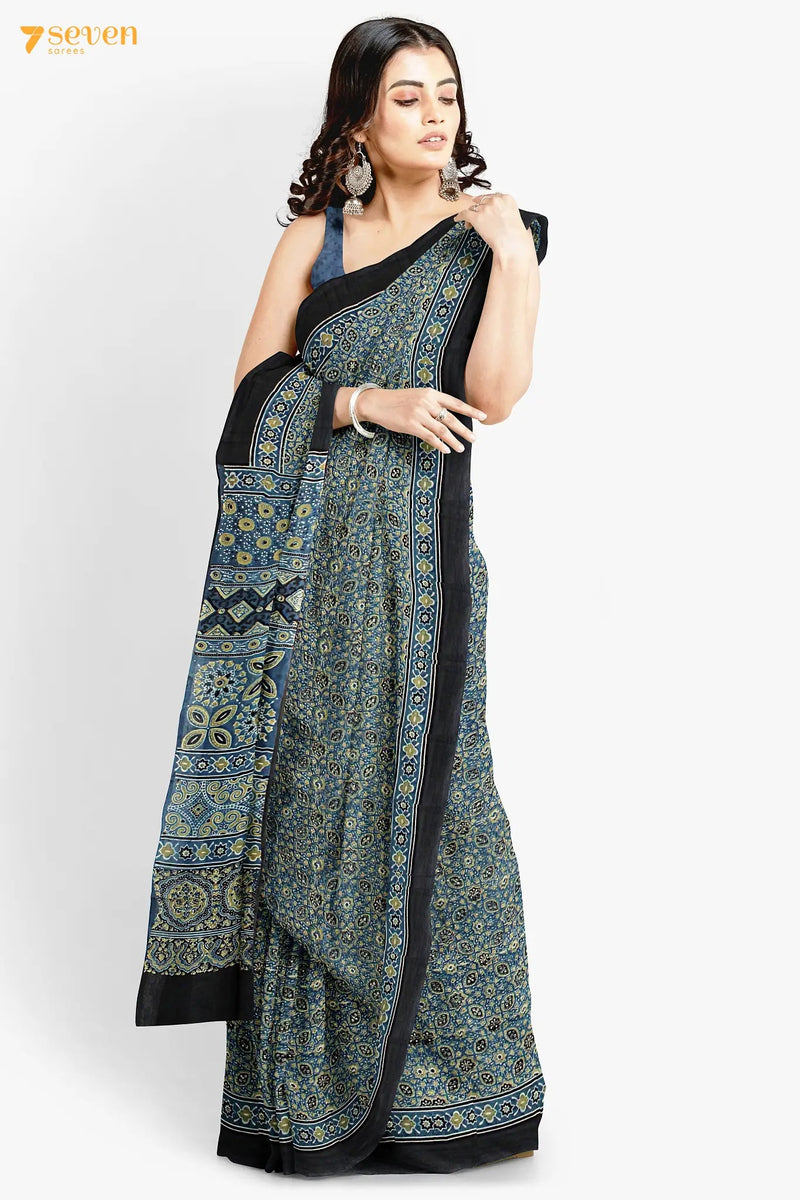 Aabshaar Kutch Blue Pure Ajrakh Cotton Saree - Seven Sarees - Saree - Seven Sarees