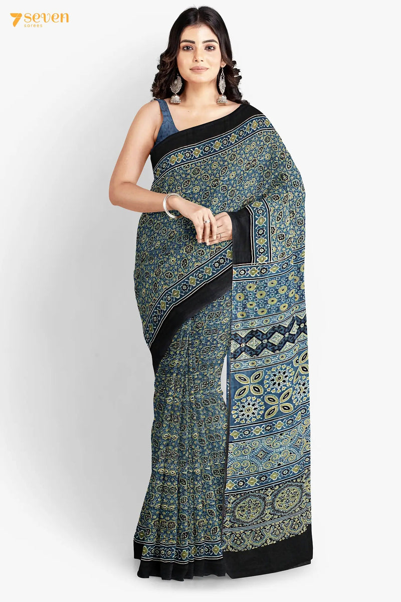 Aabshaar Kutch Blue Pure Ajrakh Cotton Saree - Seven Sarees - Saree - Seven Sarees