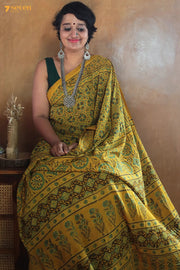 Aaftaab Kutch Yellow Pure Ajrakh Cotton Saree - Seven Sarees - Saree - Seven Sarees